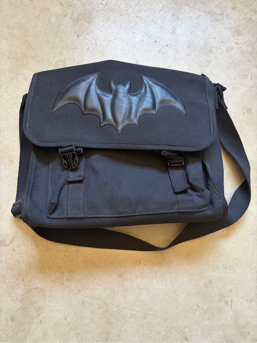 NWT Lost Queen Black Bat Canvas & Faux Leather Messenger Bag / Book Bag